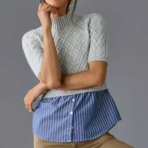 Anthropologie MAEVE Sweater S Melinda Cable Knit Short-Sleeve Twofer Layer Shirt